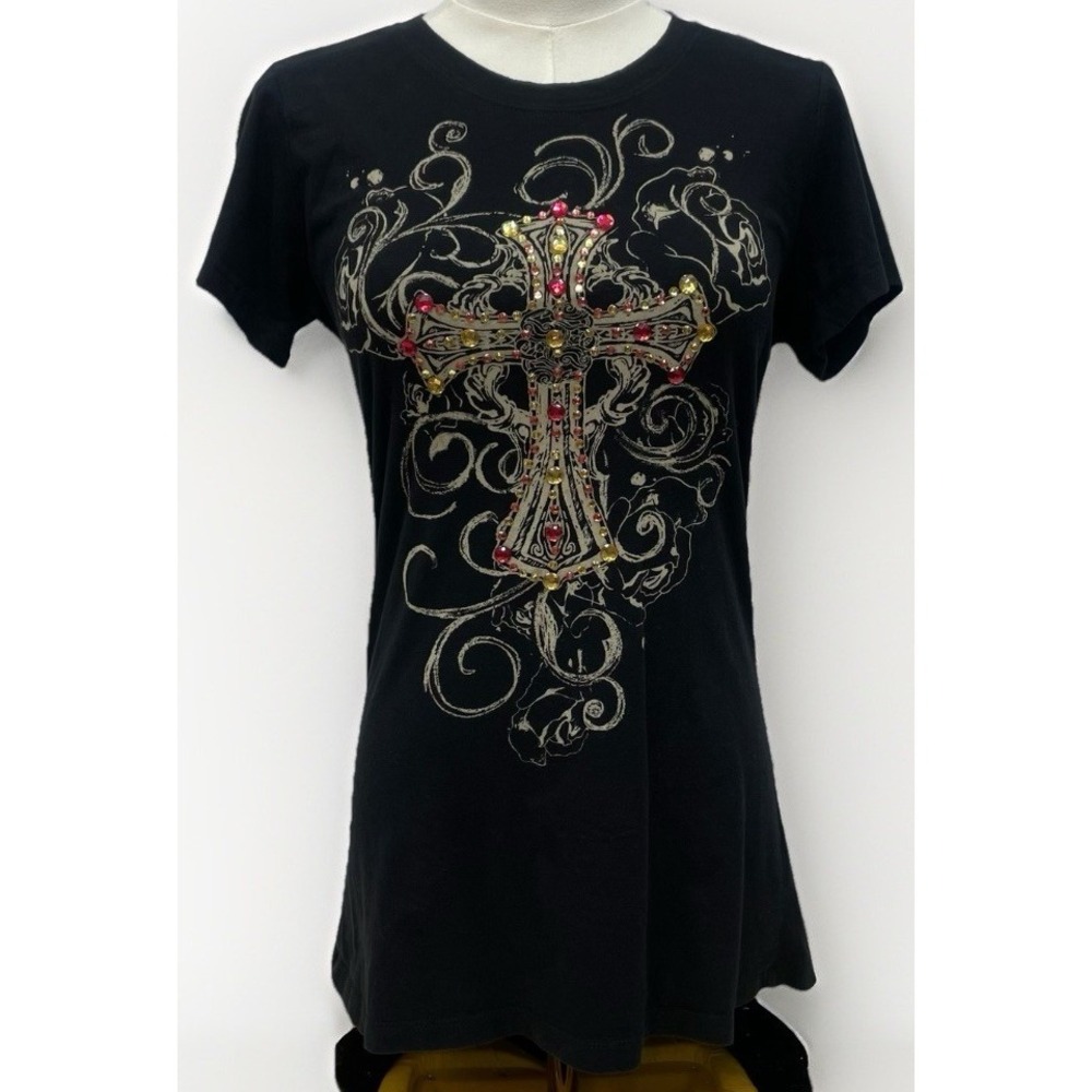 Vintage‎ Big Bang NY Cross Rhinestone Graphic Tee Shirt Black SLIM Large